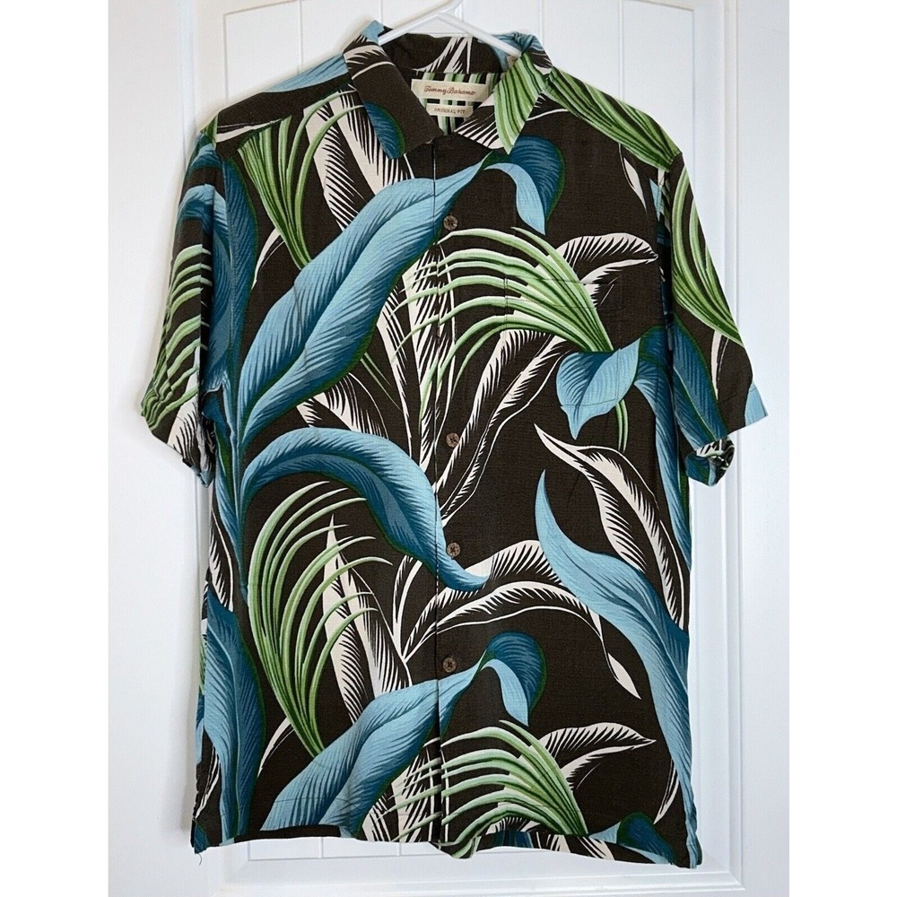 TOMMY BAHAMA 100% Silk HAWAIIAN Floral CAMP SHIRT Button BROWN TEAL GREEN Mens M